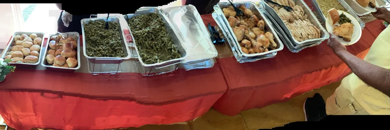 Food service buffet table with holiday meal
